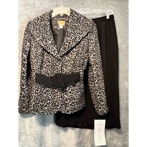 Midnight Velvet Leopard Print Jacket Skirt Set Belted Women Size 10 Chic